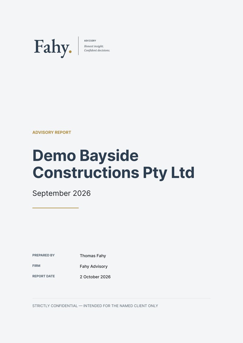 A Fahy Advisory monthly board pack — sample cover